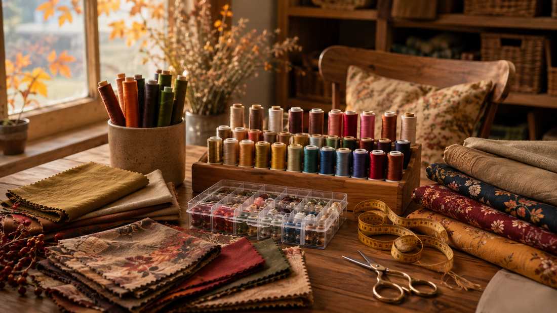 Sewing thread spools and bobbins organized for autumn projects