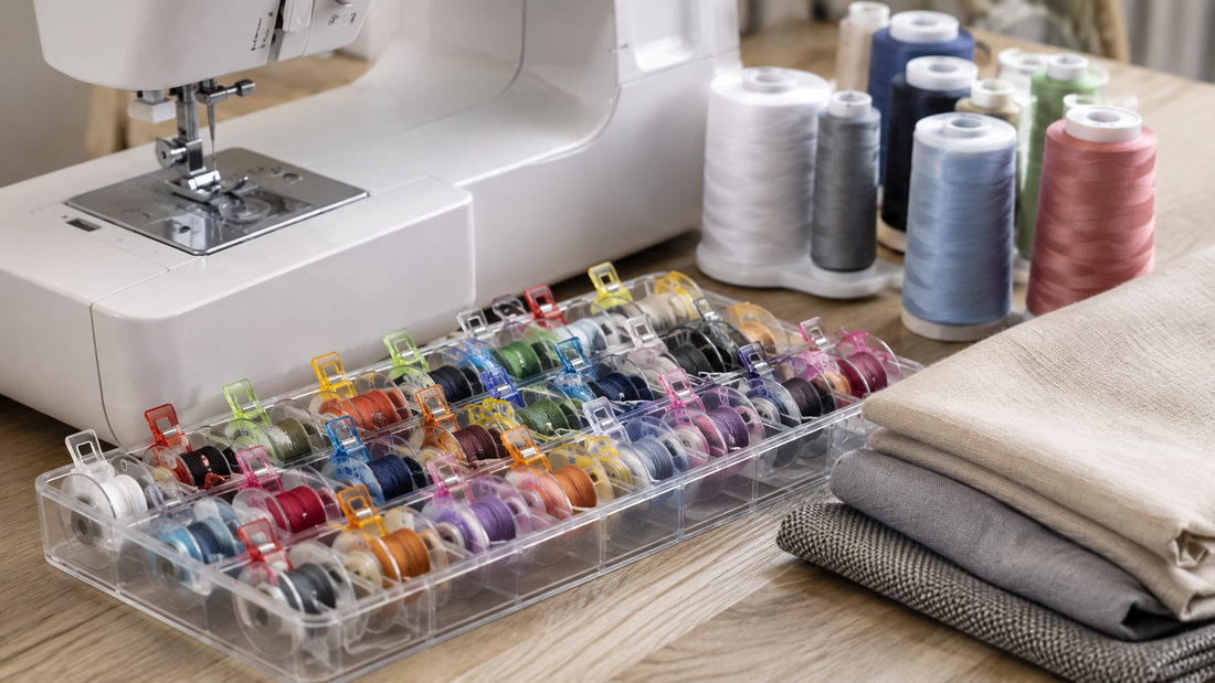 Matching thread spools and bobbins arranged in labeled storage