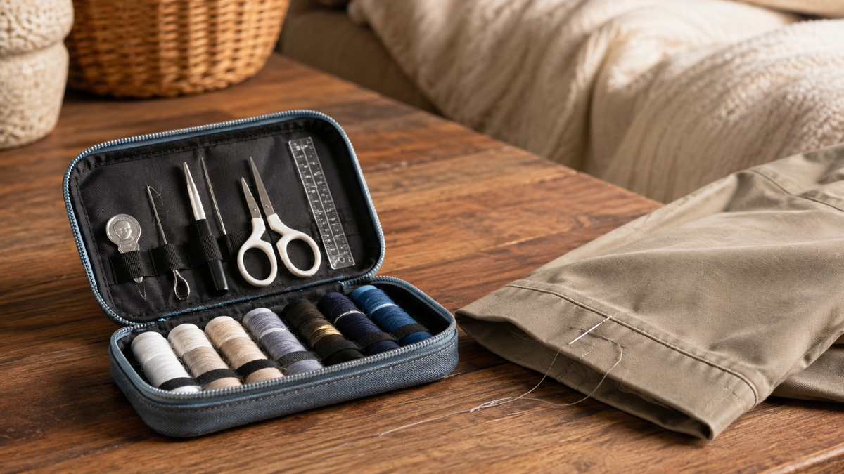 Portable hand-sewing repair kit with thread, needles, scissors, and clothing essentials