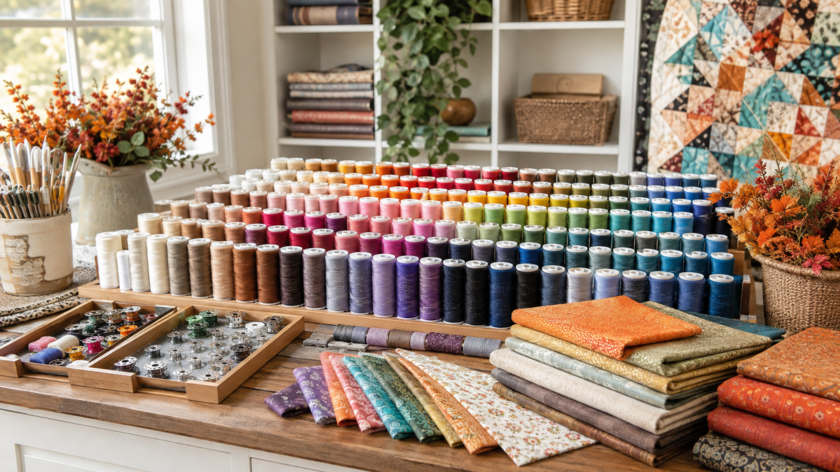 Assorted sewing threads arranged for quilting, garment sewing, and practice