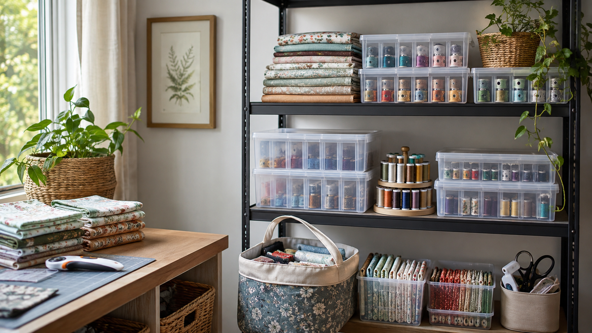 Small needlecraft workspace with tools and supplies organized in compact storage