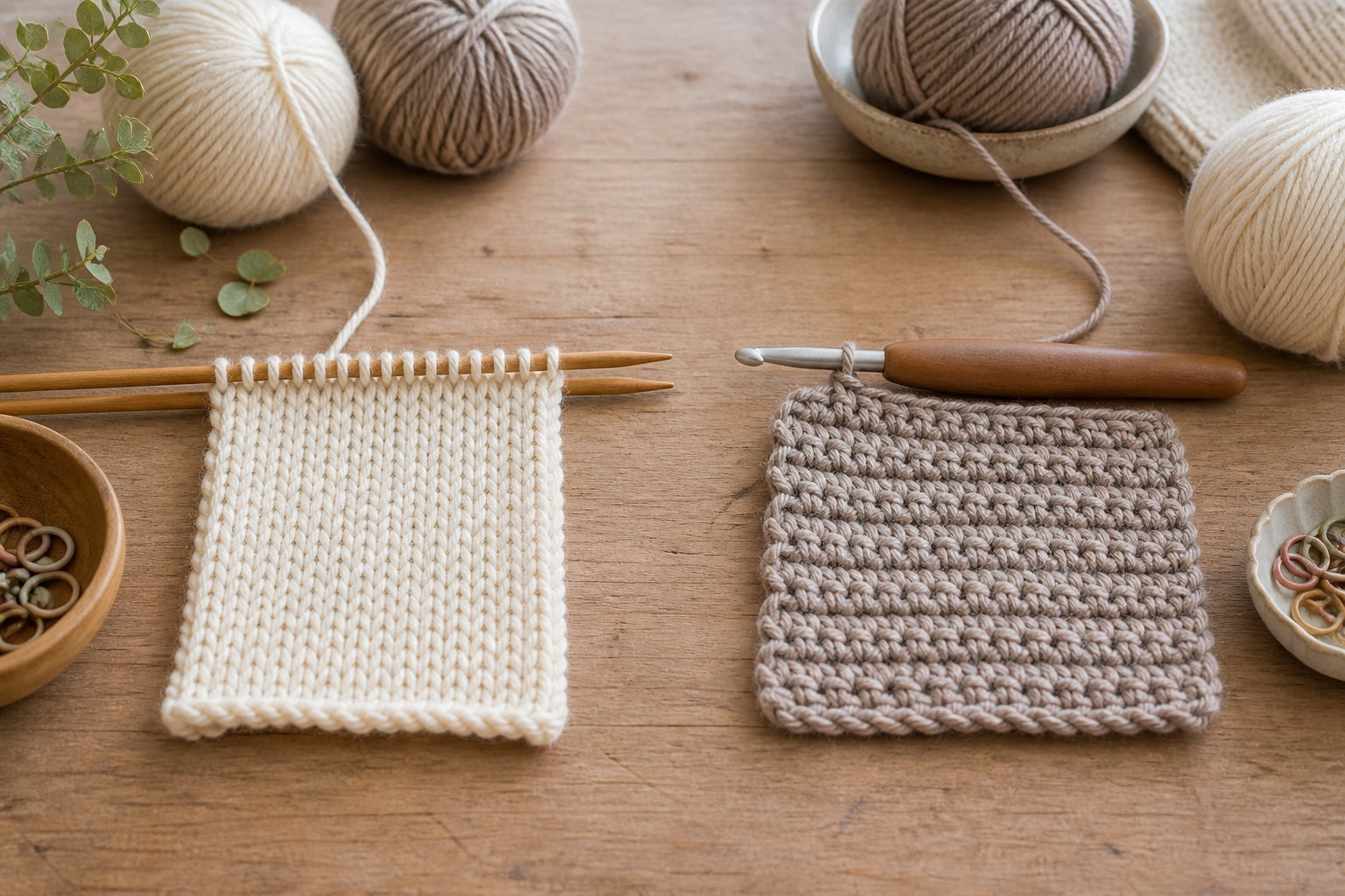 Knitted and crocheted swatches shown side by side with wooden needles, crochet hook and natural yarn