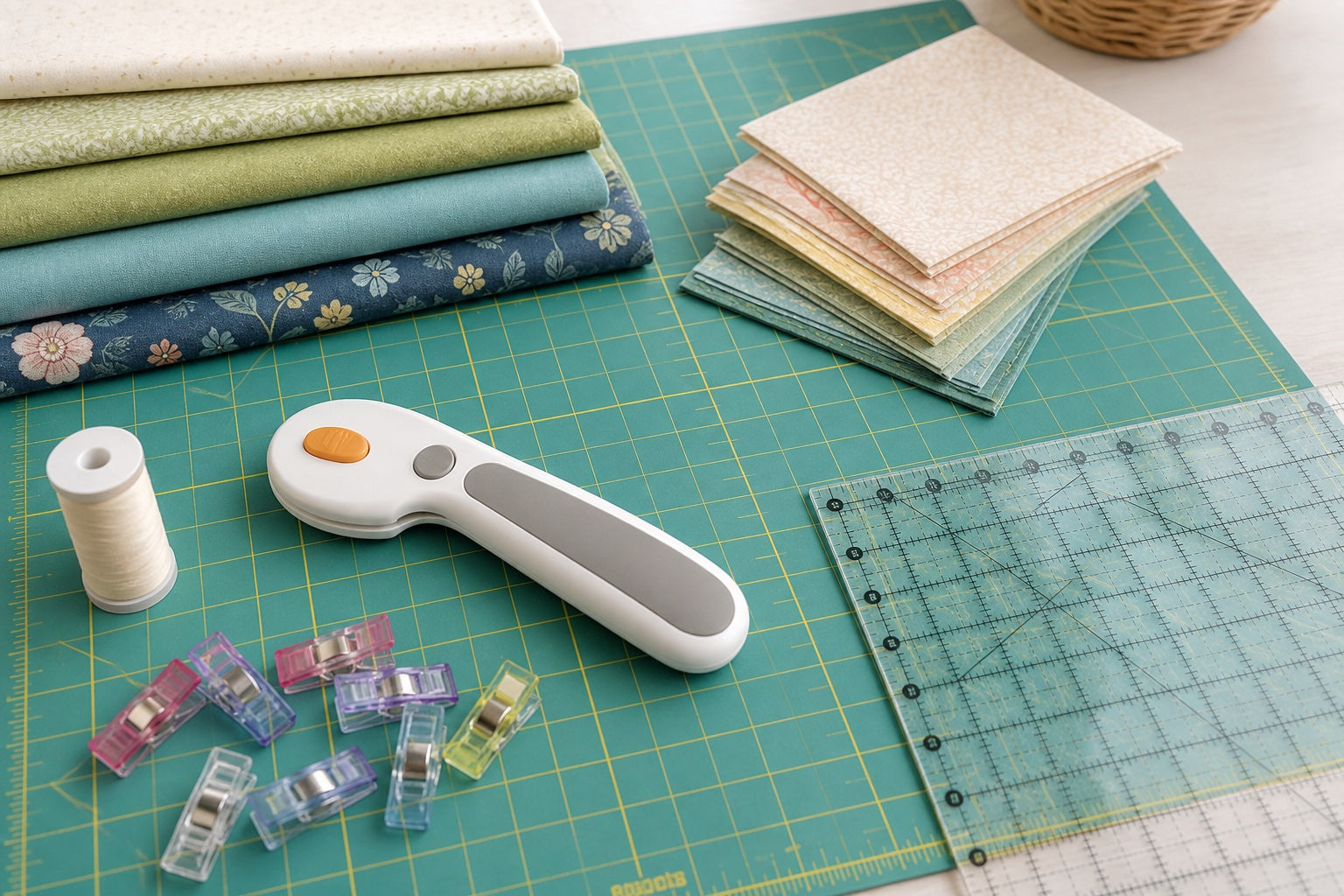Beginner quilting cutting setup with cotton fabric, rotary cutter, ruler, clips and cutting mat