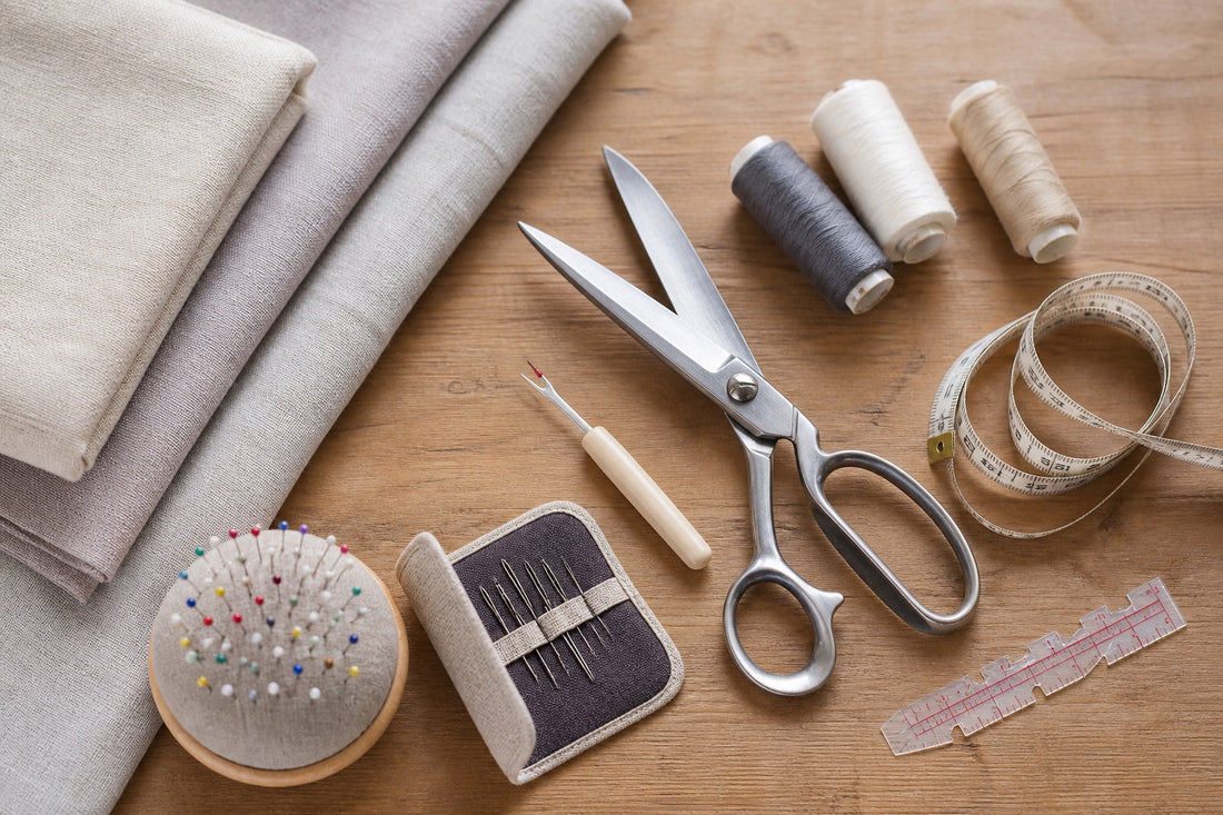 Beginner sewing toolkit with fabric shears, pins, needles, thread and measuring tools on a wooden table