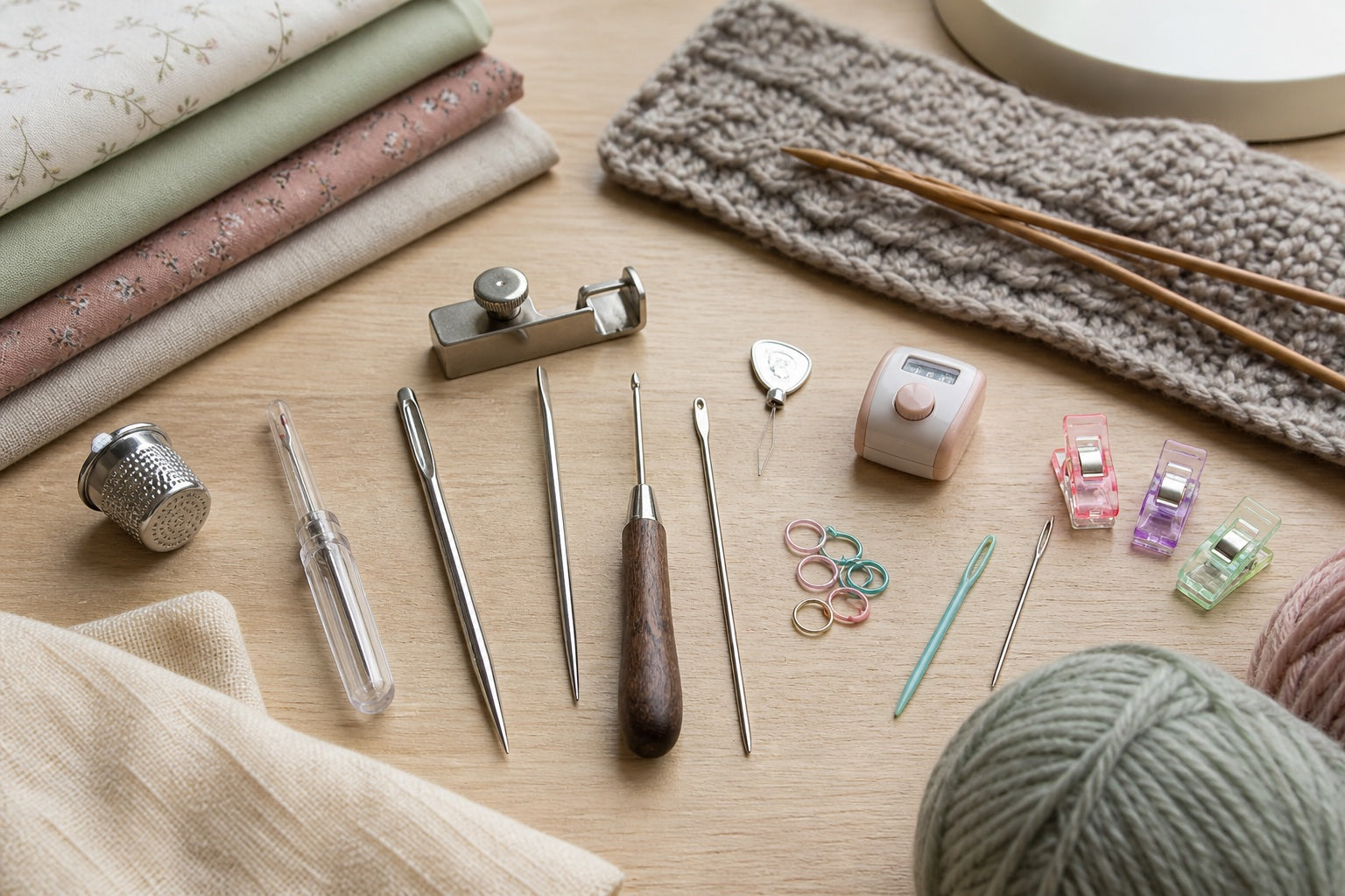 Small sewing and needlecraft tools arranged with fabric, yarn, needles, clips and stitch markers