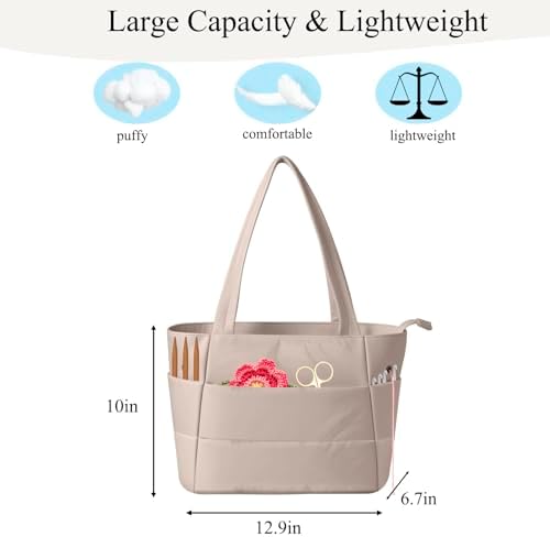 Crochet Bag for Yarn Storage, Puffer Knitting Bag with Soft Handles