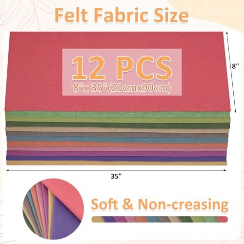 XSEINO 12 Rolls 8"x35" 1.4mm Thick Soft Felt Fabric Sheet 12 Assorted