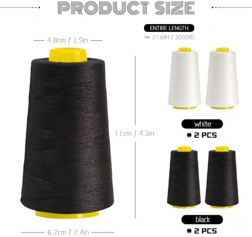 Black & White Polyester Thread, 4-Pack 12,000 Yds, for Serger &
