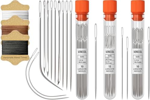 Waxed Sewing Thread (3 Colors), Heavy Duty Needles (11 PCS) Large Eye