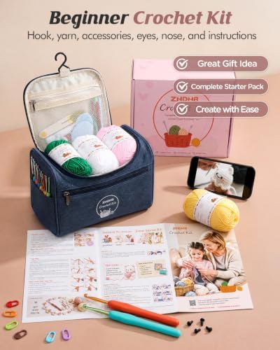 Crochet Kit for Beginners Adults & Kids,18-Roll Soft Yarn with Storage