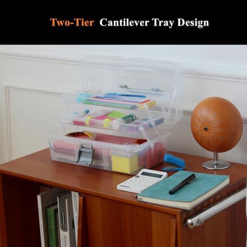Clear Plastic Storage Organizer with 2-Tier Tray, Handle, Latch
