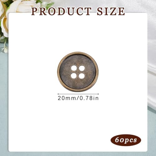 60Pcs Antique Brass Sew on Metal Buttons, 20 x 20 mm Round Retro