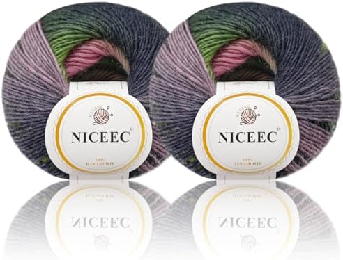 NICEEC NICEEC 2 Skeins 100% Wool Rainbow Yarn 180m x2
