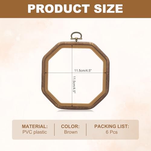 PATIKIL 6 Pieces 4.5" x 4.5" Octagonal Embroidery Hoops Frame, Brown