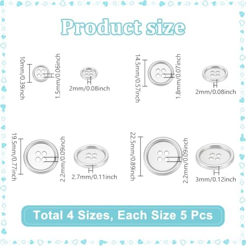 NBEADS 20Pcs 4 Sizes 4-Hole Zinc Alloy Buttons, Flat Round Metal