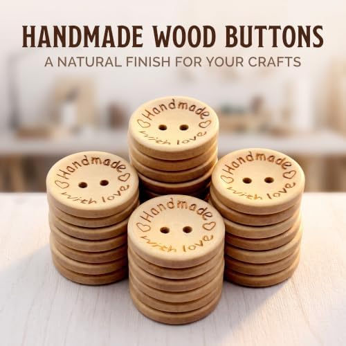 50Pcs Buttons Round 2 Holes Handmade with Love Letter Wooden Button