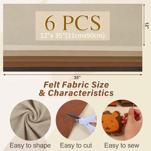 XSEINO 6 Rolls 12"x35" 1.4mm Thick Soft Felt Fabric Sheet 6 Assorted