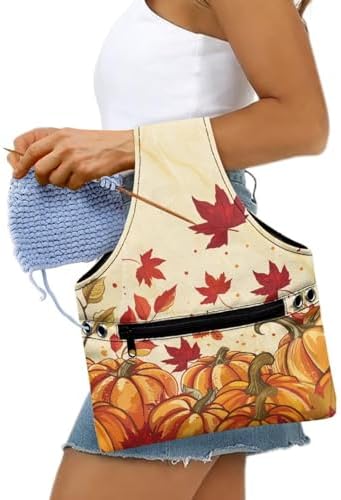 KUIFORTI Maple Leaf Yarn Bag Crochet Tote Bag Pumpkin Yarn Storage