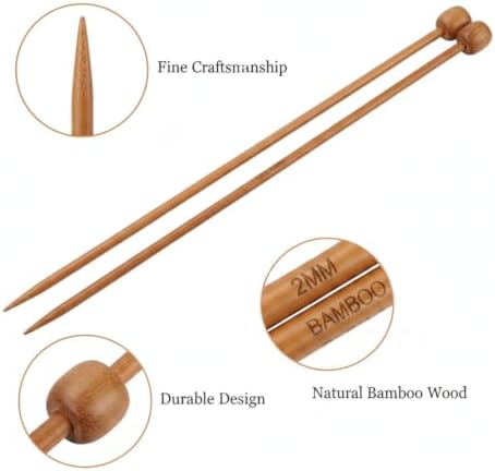 2mm Single Point Bamboo Knitting Needles, 14.2 Inch Straight Wood