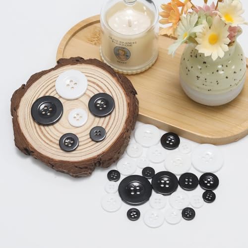 Lilaly 100 pcs Black and White Buttons for Crafts, 5 Sizes Mixed Wide