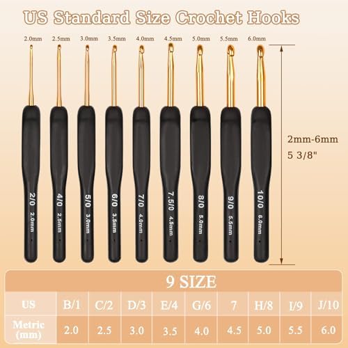 Aeelike 9-Size Ergonomic Crochet Hook Set, 2.0-10.0mm