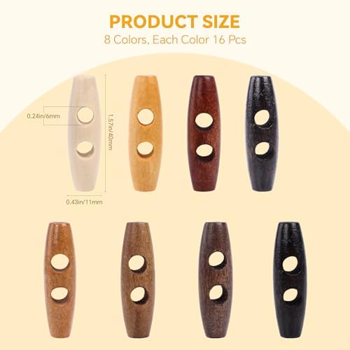 Wooden Toggle Buttons, 128 Pcs Oval Wooden Buttons for Sewing, Coat