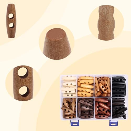 Wooden Toggle Buttons, 128 Pcs Oval Wooden Buttons for Sewing, Coat
