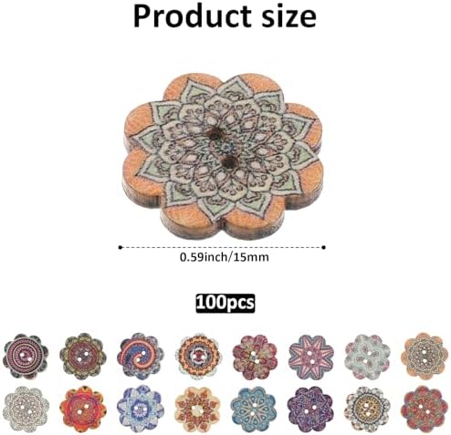 100 Pcs Vintage Wooden Flower Shaped Buttons, 0.59 Inch Wood Flower
