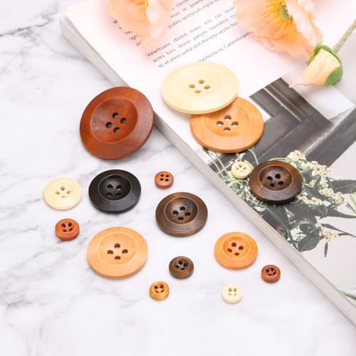 uxcell 80Pcs Wooden Buttons, 9mm(3/8") 4 Hole Round Wood Sewing Button