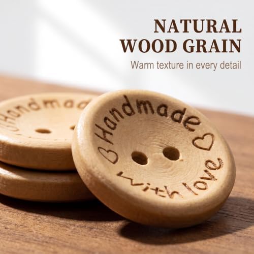 50Pcs Buttons Round 2 Holes Handmade with Love Letter Wooden Button