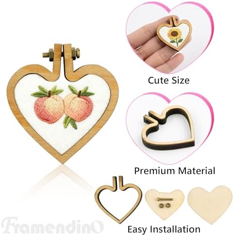 Framendino, 10 Pack Heart Shaped Mini Embroidery Hoop Wood Hoops Ring