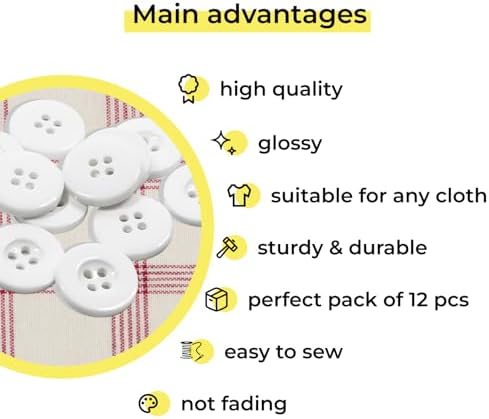 12 Pcs White Sewing Buttons 0.75 Inch 30L, Round 4 Hole Plastic
