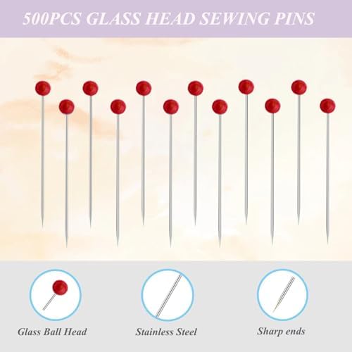 Sunenlyst 500 PCS Sewing Pins, 1.75IN Quilting Pins Long Red Glass