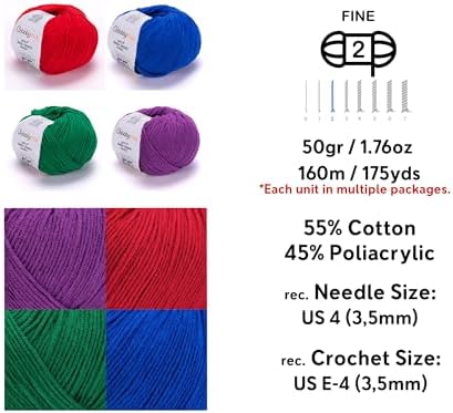 Cotton Yarn Bundle - 4 Multicolor Balls Soft Sport Weight Yarn for