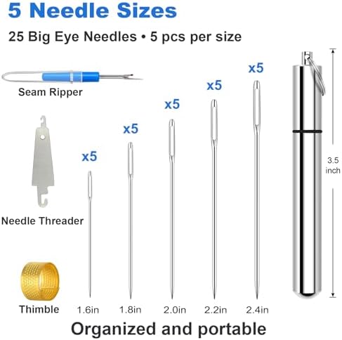 Sewing Needles, Embroidery Needles with Large Eye, 25 Pcs Hand Sewing