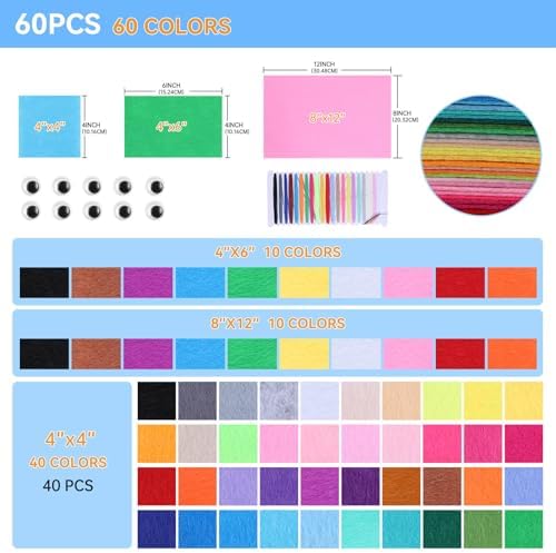 ABEJFIC 60PCS Felt Fabric Sheets Craft Kit - 4"x 4" + 4"x 6"+ 8"x 12"