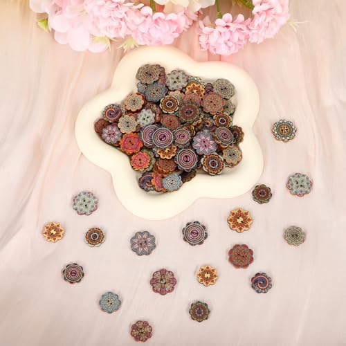 150 PCS Mixed Pattern Vintage Wood Buttons, Vintage Buttons with 2