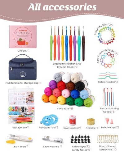 Crochet Kit for Beginners Adults & Kids,18-Roll Soft Yarn with Storage
