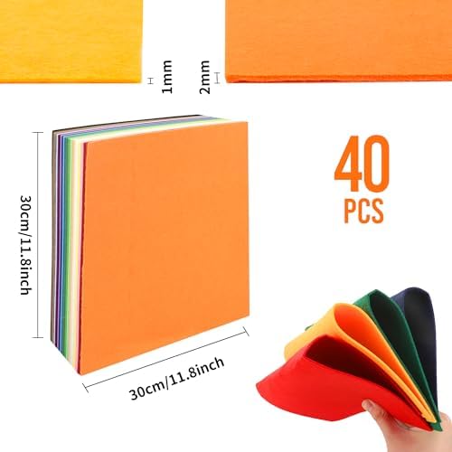 40PCS 12 x 12”(30 X 30cm), 2mm Thick Stiff Felt Fabric Sheets Assorted