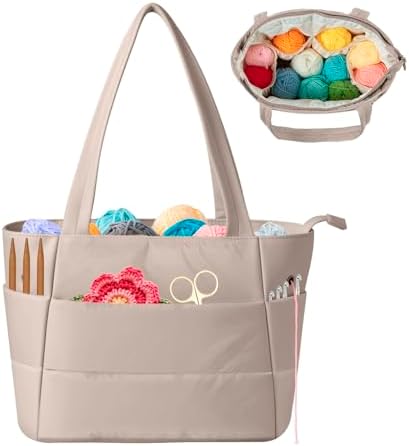 Crochet Bag for Yarn Storage, Puffer Knitting Bag with Soft Handles