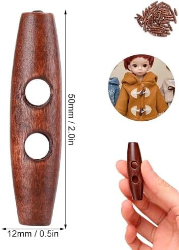 Watris Veiyi Wooden Toggle Buttons, 50PCS Oval Wood Buttons, 2.0x0.5in