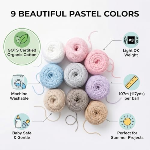 100% GOTS Organic Cotton Yarn - 9 Pastel Colors Box Set