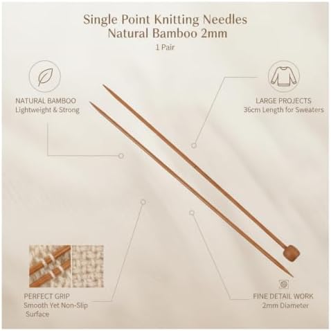 2mm Single Point Bamboo Knitting Needles, 14.2 Inch Straight Wood