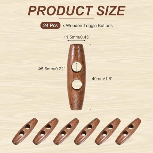 MECCANIXITY 24Pcs Wooden Toggle Button 40mm/1.6" 2 Hole Red Coffee