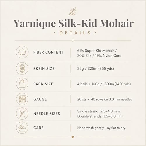 Kid-Silk Mohair Yarn, Lace Weight, 4 Balls 100g, 1420 yds