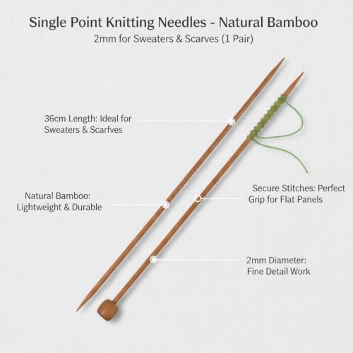 2mm Single Point Bamboo Knitting Needles, 14.2 Inch Straight Wood