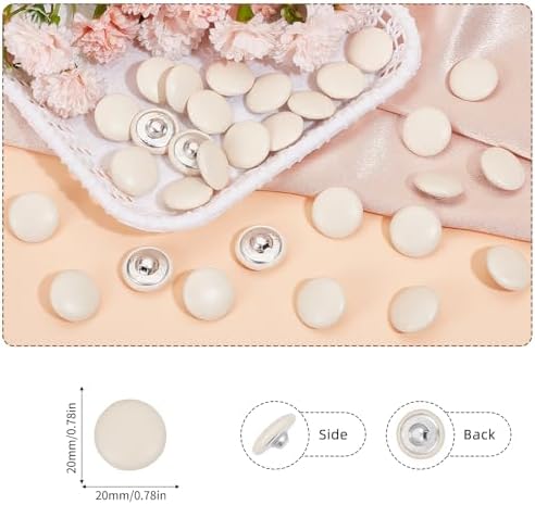 30PCS 20mm Beige PU Leather Covered Button, Round Metal Shank Sewing