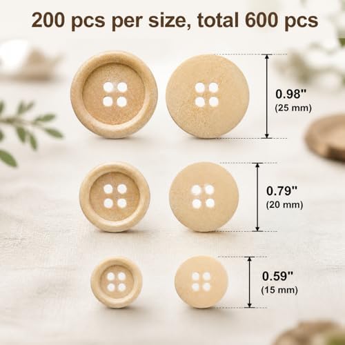 Tosnail 600 Pieces Wooden Buttons, 15 mm, 20 mm, 25 mm Round Blank