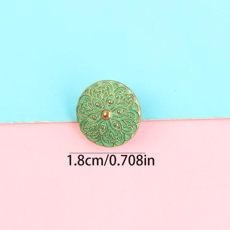 30Pcs Vintage‐Finish Metal Buttons,17.5mm Green Patina Floral‐Engraved