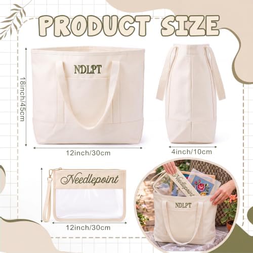 Shinylin 2 Pcs Needlepoint Project Bag, Embroidery Pouch, Beige